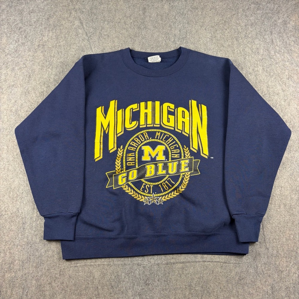Vintage Michigan Wolverines Go Blue Crewneck‎ Sweatshirt Mens Large Navy Nutmeg